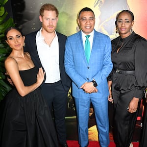 Meghan, Duchess of Sussex, Prince Harry, Duke of Sussex, Andrew Holness, Juliet Holness and Olivia Grange attend the Premiere of “Bob Marley: One Love” at the Carib 5 Theatre on January 23, 2024 in Kingston, Jamaica. 