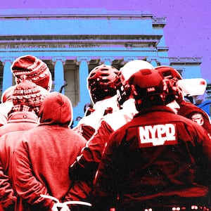 A photo illustration of students being arrested on the Columbia University Campus