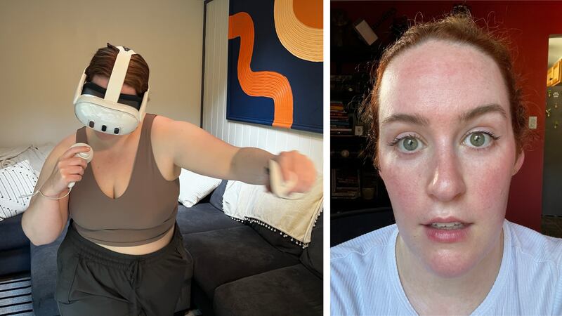 On the left, a woman in gray workout clothes wears a Meta Quest 3 headset and is throwing a punch. On the right, the same woman stares at the camera after a workout, red in the face and exhausted. 