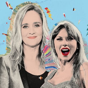 Photo illustration of Samantha Bee and Taylor Swift on a blue background