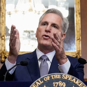 Kevin McCarthy speaks to reporters in the U.S. Capitol after the House of Representatives passed a stopgap government funding bill