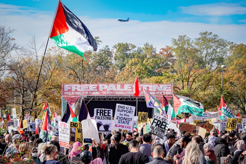 A Palestinian flag waves as protesters hold signs and call for a Israeli ceasefire.