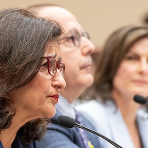 A photo of Columbia University President Minouche Shafik and other administrators from the Ivy League school during a House Education and the Workforce Committee hearing on April 17.