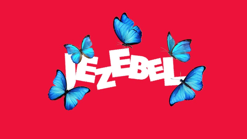 The Jezebel logo illustrated over a red background.