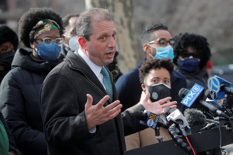 Brad Lander speaks during a COVID-19-era press conference.