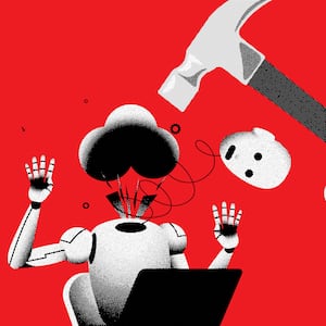 A photo illustration of a robot with it's head breaking off as a hammer swings down on it