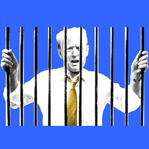 A photo illustration of Donald Trump behind bars