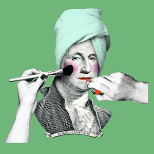 Photo illustration of George Washington on money and with makeup applied