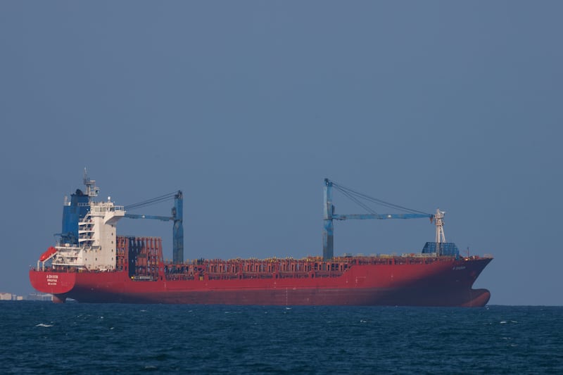 A photograph of the container ship, A Daisen, with the destination 'DJJIB ARMED GUARD' seen at sea on January 17, 2024 in Djibouti, Djibouti.