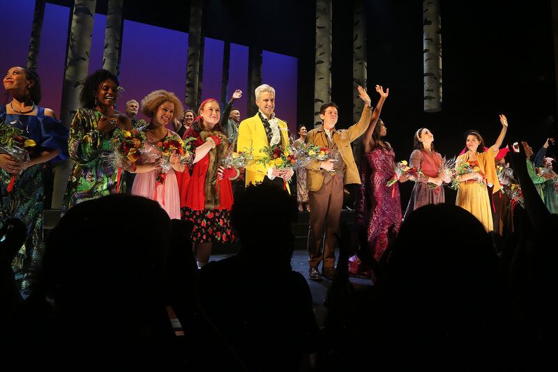 Julia Lester, Gavin Creel, Jason Forbach, Patina Miller, Sara Bareilles, Phillipa Soo and cast during the the opening night curtain call for "Into The Woods" on Broadway at The St. James Theatre on July 10, 2022 in New York City.