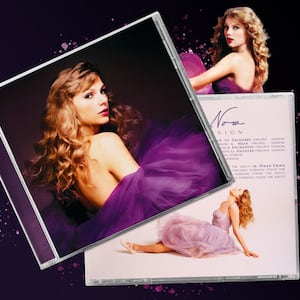 A photo composite of CD album case of Taylor Swift’s re-release of “Speak Now”