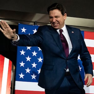 Florida Governor Ron DeSantis arrives at a watch party during the 2024 Iowa Republican presidential caucuses in West Des Moines, Iowa, on January 15, 2024.