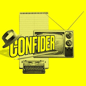 Confider logo illustrated over a yellow background.