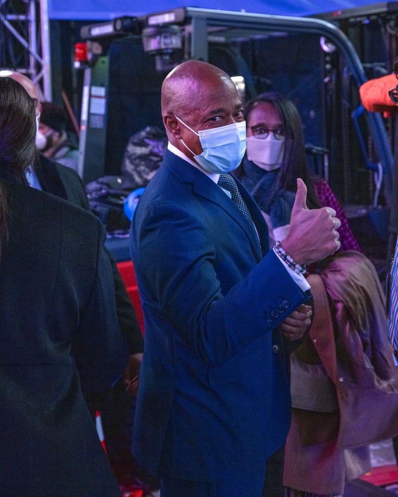 Eric Adams in Times Square before being sworn in as the 110th mayor of New York City.