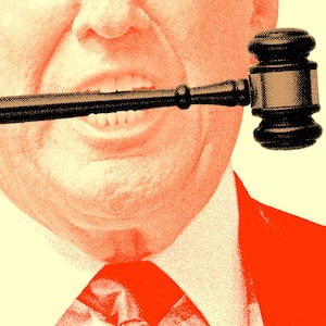 A photo illustration of Donald Trump with a gavel in his mouth