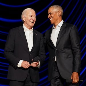 President Joe Biden and former President Barack Obama share a laugh during a star-studded campaign fundraiser at the Peacock Theater in Los Angeles, California, June 15, 2024.