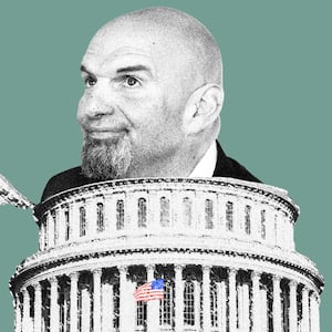 Photo illustration of John Fetterman coming out of the Capitol Building.