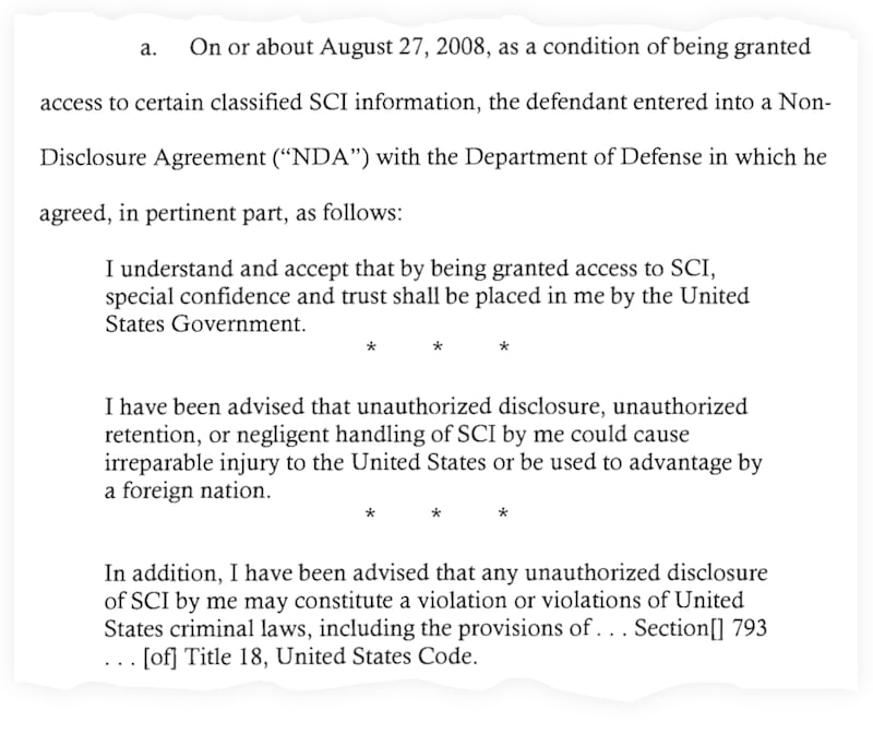 A snippet of Birchum’s plea deal, showing that he agreed to keep secret any classified information he had access to.