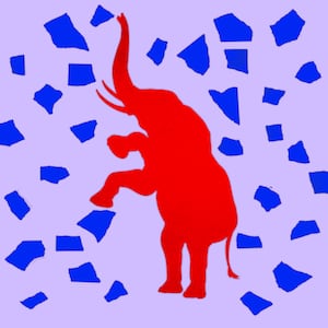 A photo illustration of a red elephant and torn pieces of blue paper.