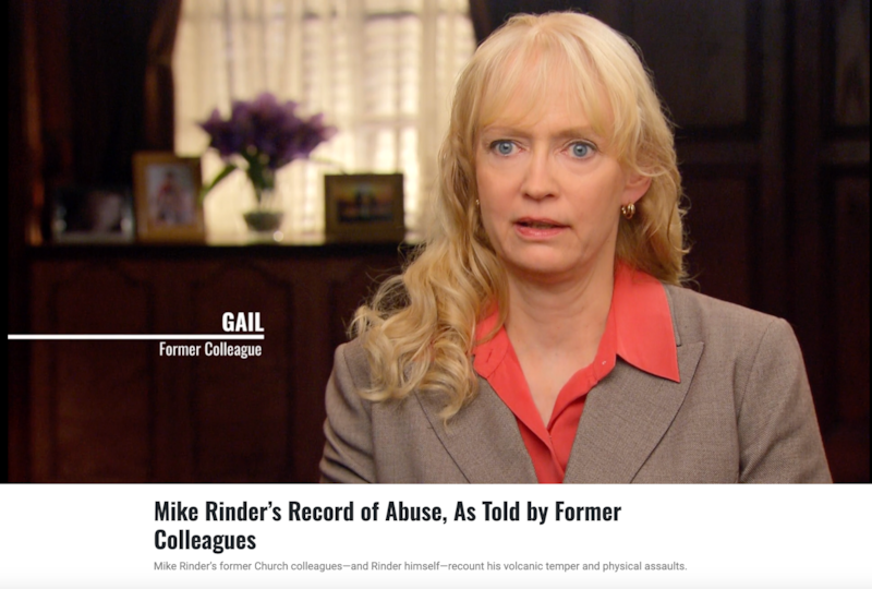 A screenshot of a website shows Gail Armstrong in a video where she criticizes former Scientologist Mike Rinder, taken from a website set up by the organization to attack and discredit the onetime executive turned whistleblower.