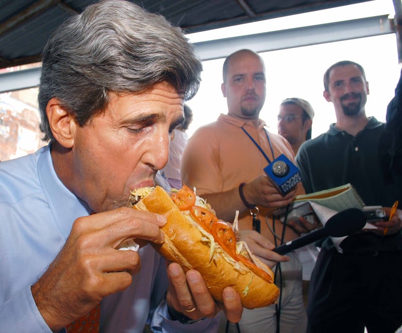 Sen. John Kerry eats a steak sandwich at Pat's in 2003.