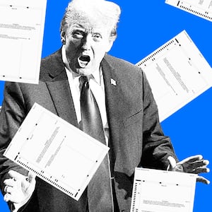 A photo illustration of Donald Trump with ballots all around him