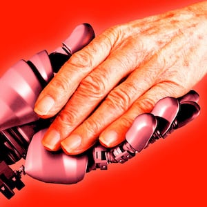 An illustration that includes photos of AI holding hands with a Person