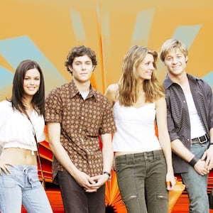 A photo illustration of Rachel Bilson, Adam Brody, Mischa Barton and Benjamin McKenzie in front of an open book