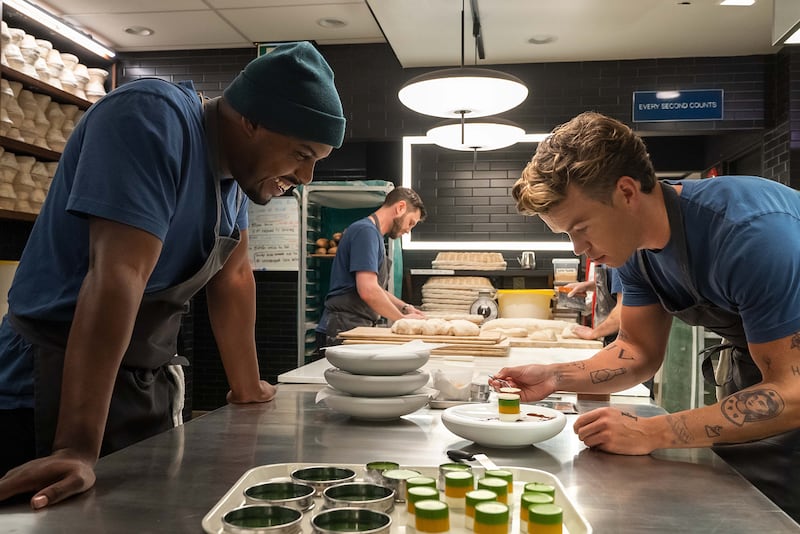 Will Poutler and Lionel Boyce bake pastries in an episode of The Bear.