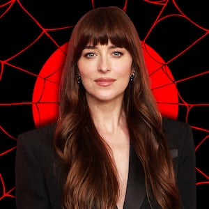 A photo illustration of Dakota Johnson and a background of spider webs.