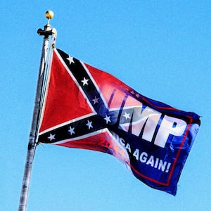 A photo illustration showing a Confederate flag and Trump 2024 flag.