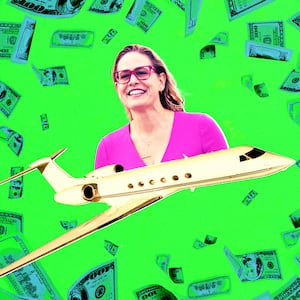 A photo illustration of Sen. Kyrsten Sinema and a private jet.