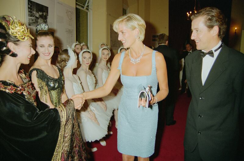 Princess Diana meets members of the cast  of an English National Ballet production of Swan Lake.