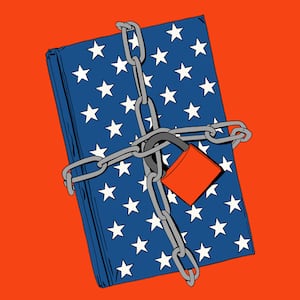 Illustration of a blue book with stars chained up with an eye blinking on the lock