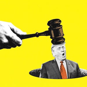 A photo illustration of a gavel coming down on Donald Trump’s surprised head