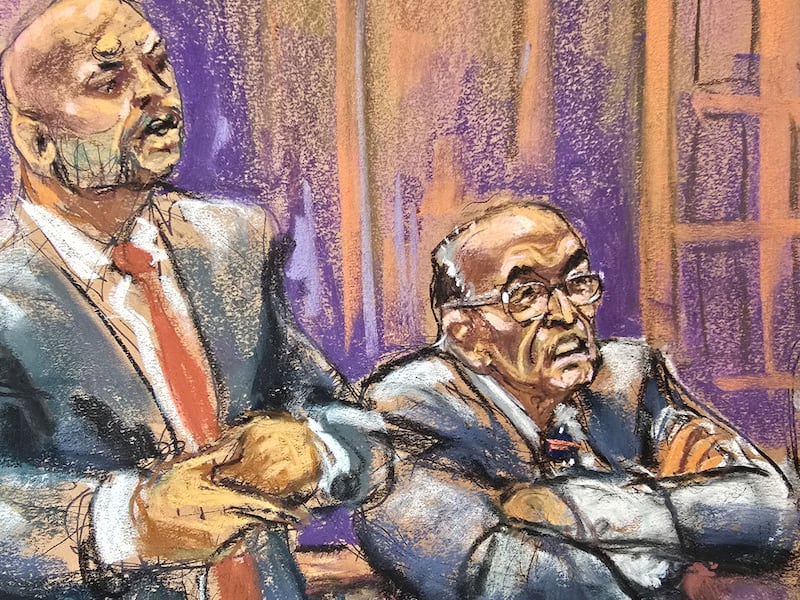 Courtroom sketch of Rudy Giuliani (right) and his lawyer Joseph M. Cammarata (left)