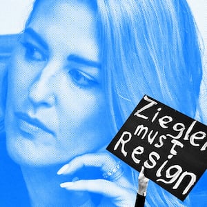 A photo illustration of Bridget Ziegler surrounded by people holding posters encouraging her ouster.