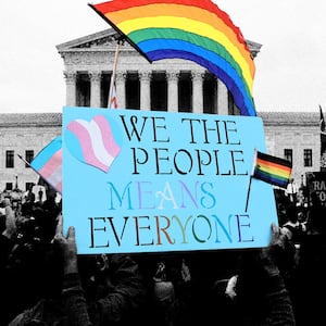 A photo including a group of LGBTQ activists and supporters rallying outside the U.S. Supreme Court in Washington D.C.