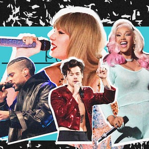 A photo illustration showing Taylor Swift, Cardi B, Bad Bunny and Harry Styles on a school notebook.