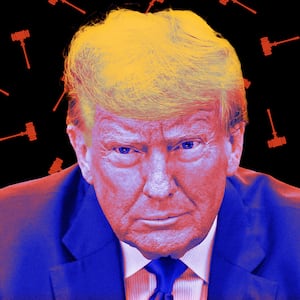 A photo illustration of former President Donald Trump and a background pattern of judges' gavels.