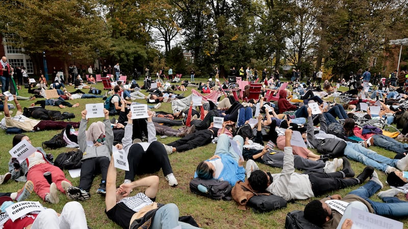 A photo including pro-Palestinian protest of Harvard students