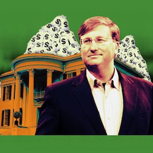 A photo composite of Mississippi governor Tate Reeves in front of the Governor’s Mansion with bags of money.