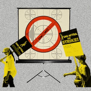 SAG-AFTRA protestors in front of a standing projector screen with a screen test and a red circle with a line through it/stop sign overlaid on top.