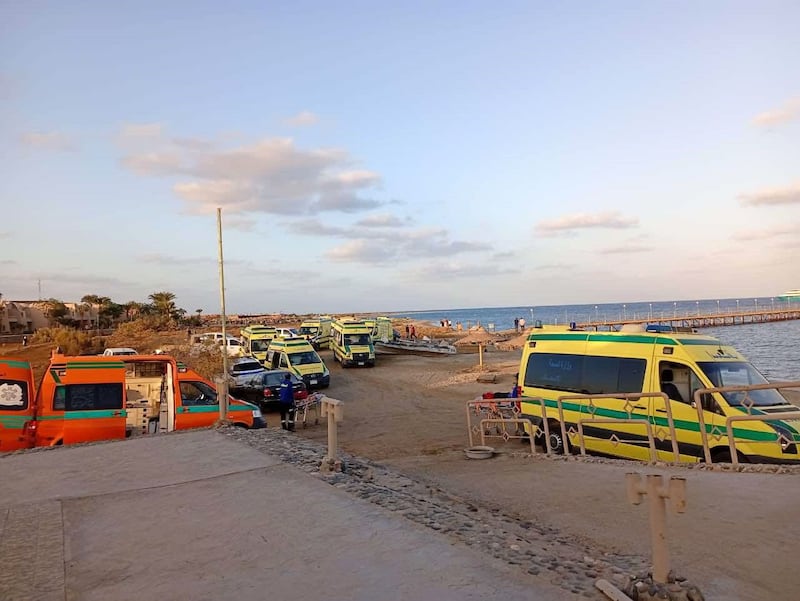 Ambulances are seen near the site where a boat sank in the Red Sea, in Marsa Alam, the Red Sea Province, Egypt, on Nov. 25, 2024.