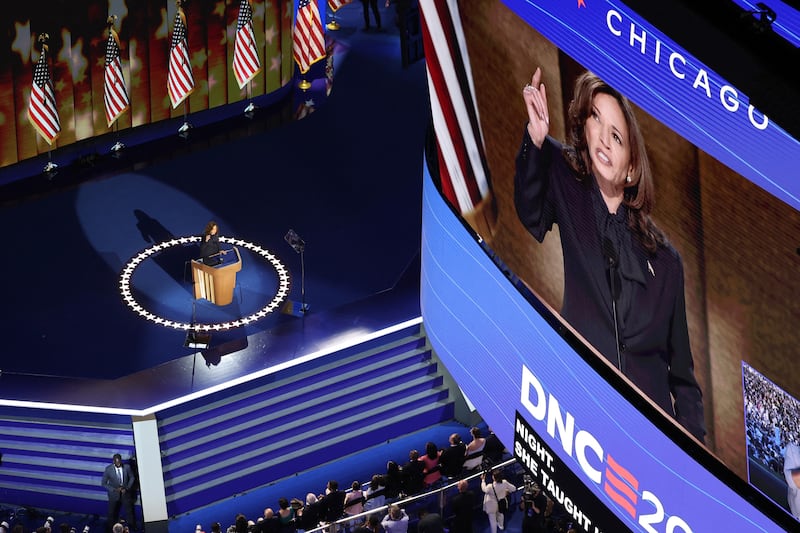 Democratic presidential nominee and U.S. Vice President Kamala Harris takes the stage on Day 4 of the Democratic National Convention in Chicago.