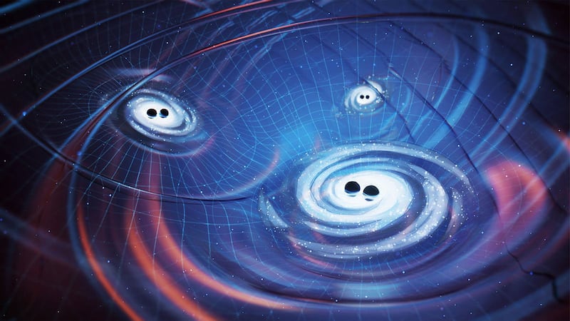 An image that depicts low-frequency gravitational waves, light, and energy