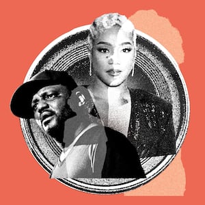 Illustration of comedians Tiffany Haddish and Aries Spears