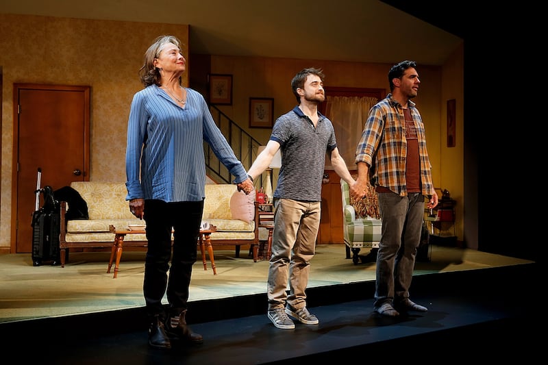 Cherry Jones, Daniel Radcliffe, and Bobby Cannavale during the curtain call of The Lifespan of A Fact.