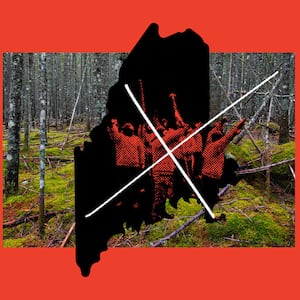 A photo illustration that shows members of the neo-Nazi group Blood Tribe overlaying the outline of Maine over a picture of the woods in Maine. there is a white “X” over the members