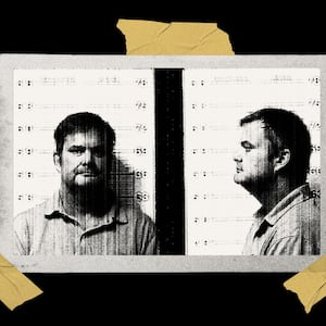 Photo illustration of Chad Daybell’s mugshot with tape on it